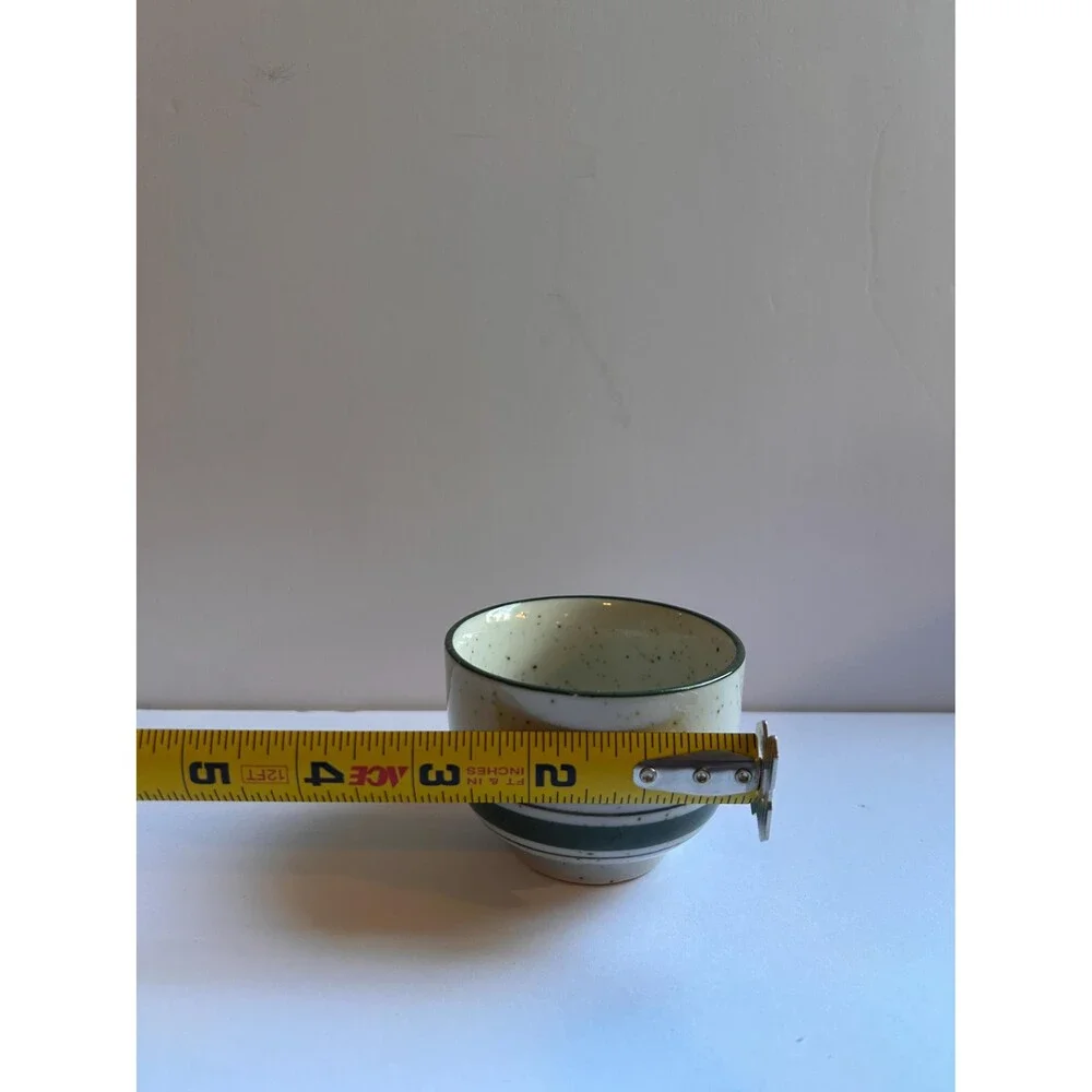 Vintage Stoneware Teapot & 6 Cups, Speckled Ceramic Tea Set, Green Stripe